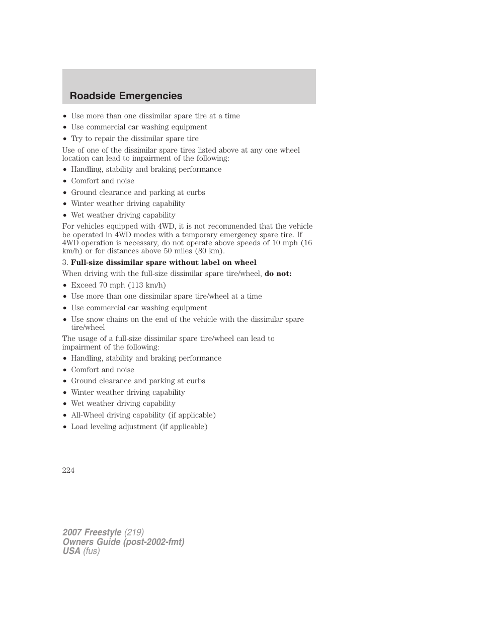 Roadside emergencies | FORD 2007 Freestyle v.1 User Manual | Page 224 / 296