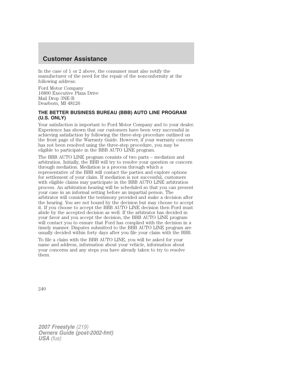 Customer assistance | FORD 2007 Freestyle v.1 User Manual | Page 240 / 296