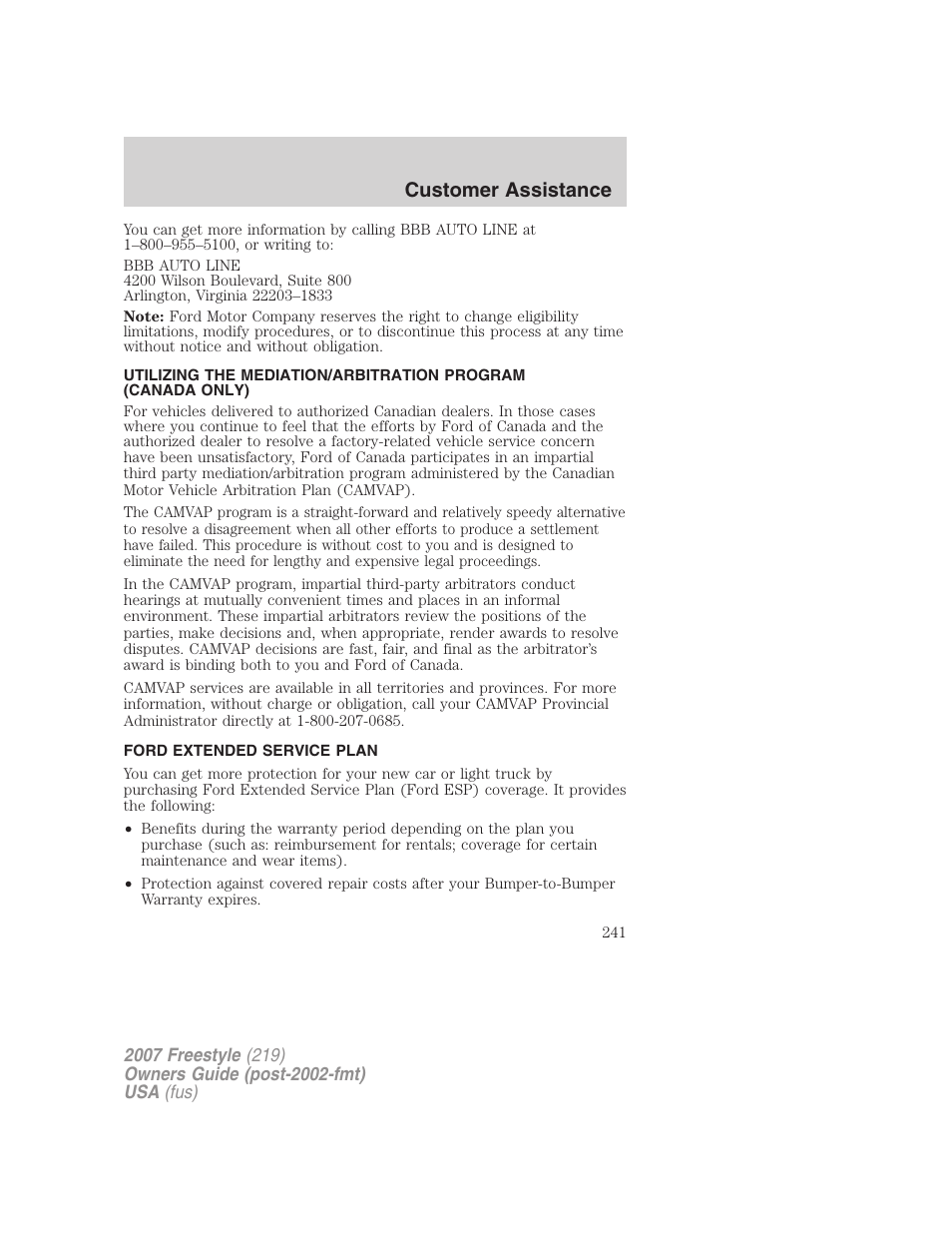 Ford extended service plan, Customer assistance | FORD 2007 Freestyle v.1 User Manual | Page 241 / 296