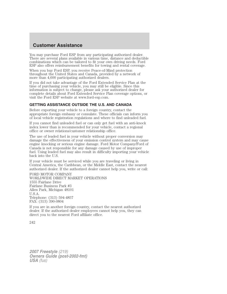 Getting assistance outside the u.s. and canada, Customer assistance | FORD 2007 Freestyle v.1 User Manual | Page 242 / 296