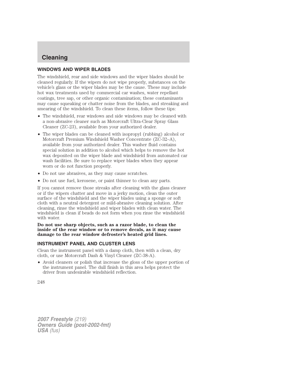 Windows and wiper blades, Instrument panel and cluster lens, Cleaning | FORD 2007 Freestyle v.1 User Manual | Page 248 / 296