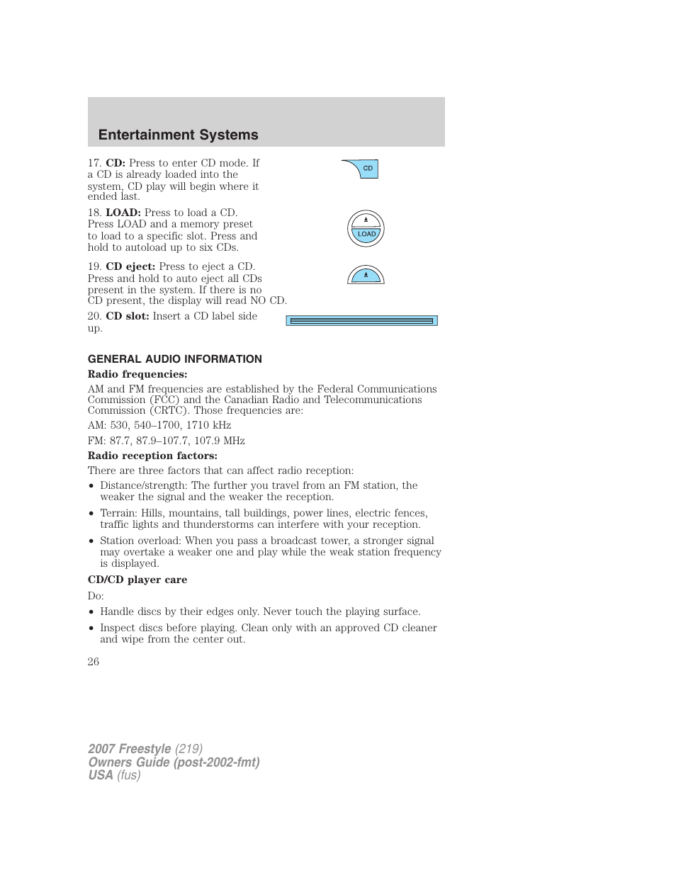 General audio information, Entertainment systems | FORD 2007 Freestyle v.1 User Manual | Page 26 / 296