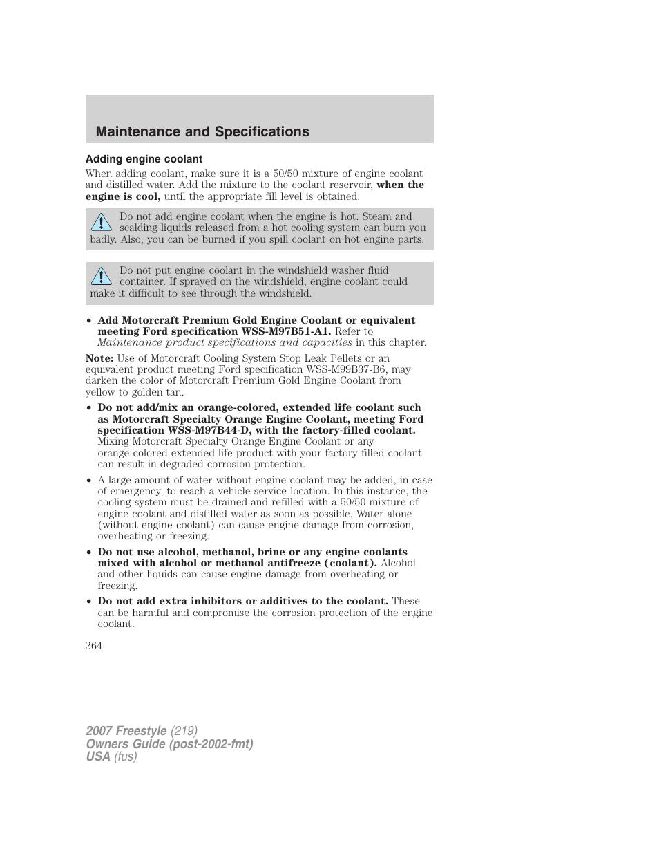 Adding engine coolant, Maintenance and specifications | FORD 2007 Freestyle v.1 User Manual | Page 264 / 296