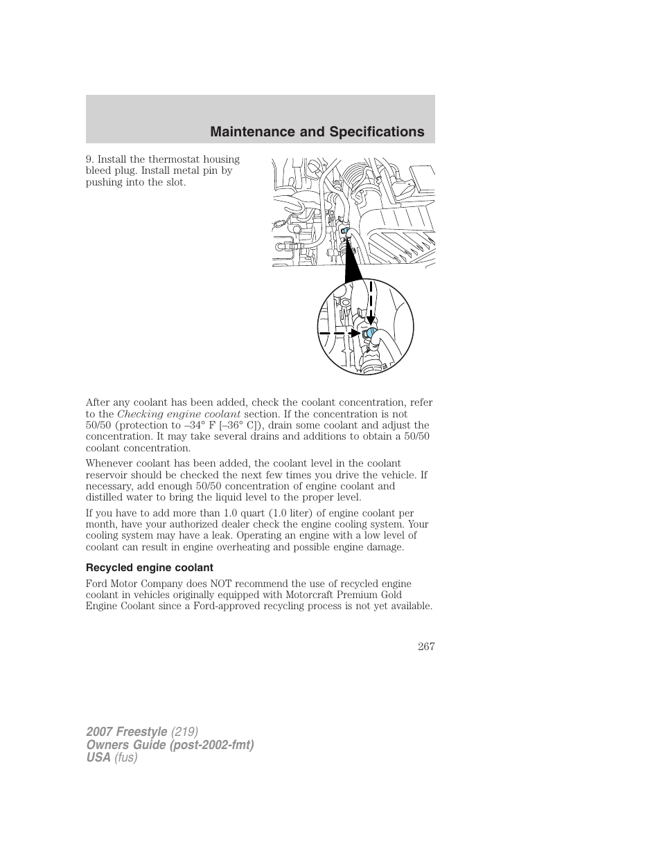 Recycled engine coolant, Maintenance and specifications | FORD 2007 Freestyle v.1 User Manual | Page 267 / 296