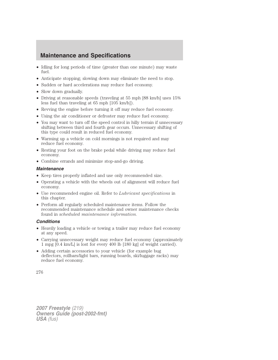 Maintenance, Conditions, Maintenance and specifications | FORD 2007 Freestyle v.1 User Manual | Page 276 / 296