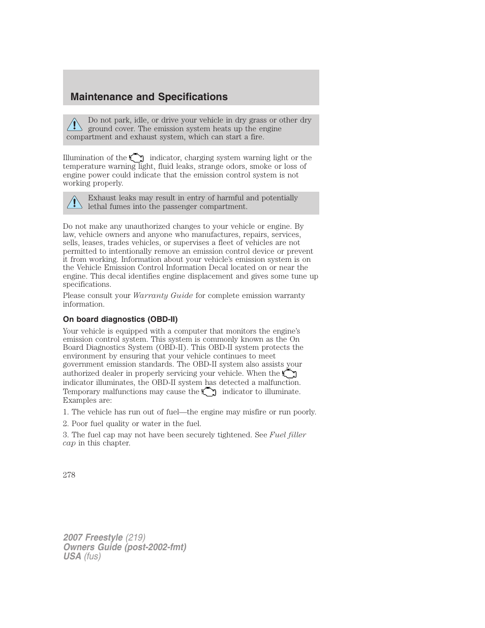 On board diagnostics (obd-ii), Maintenance and specifications | FORD 2007 Freestyle v.1 User Manual | Page 278 / 296