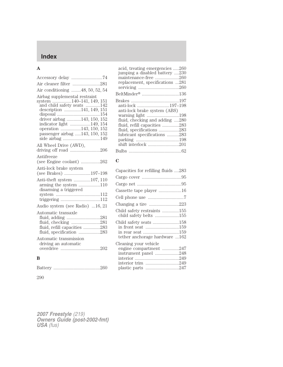 Index | FORD 2007 Freestyle v.1 User Manual | Page 290 / 296