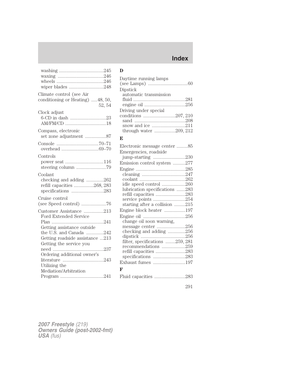 Index | FORD 2007 Freestyle v.1 User Manual | Page 291 / 296