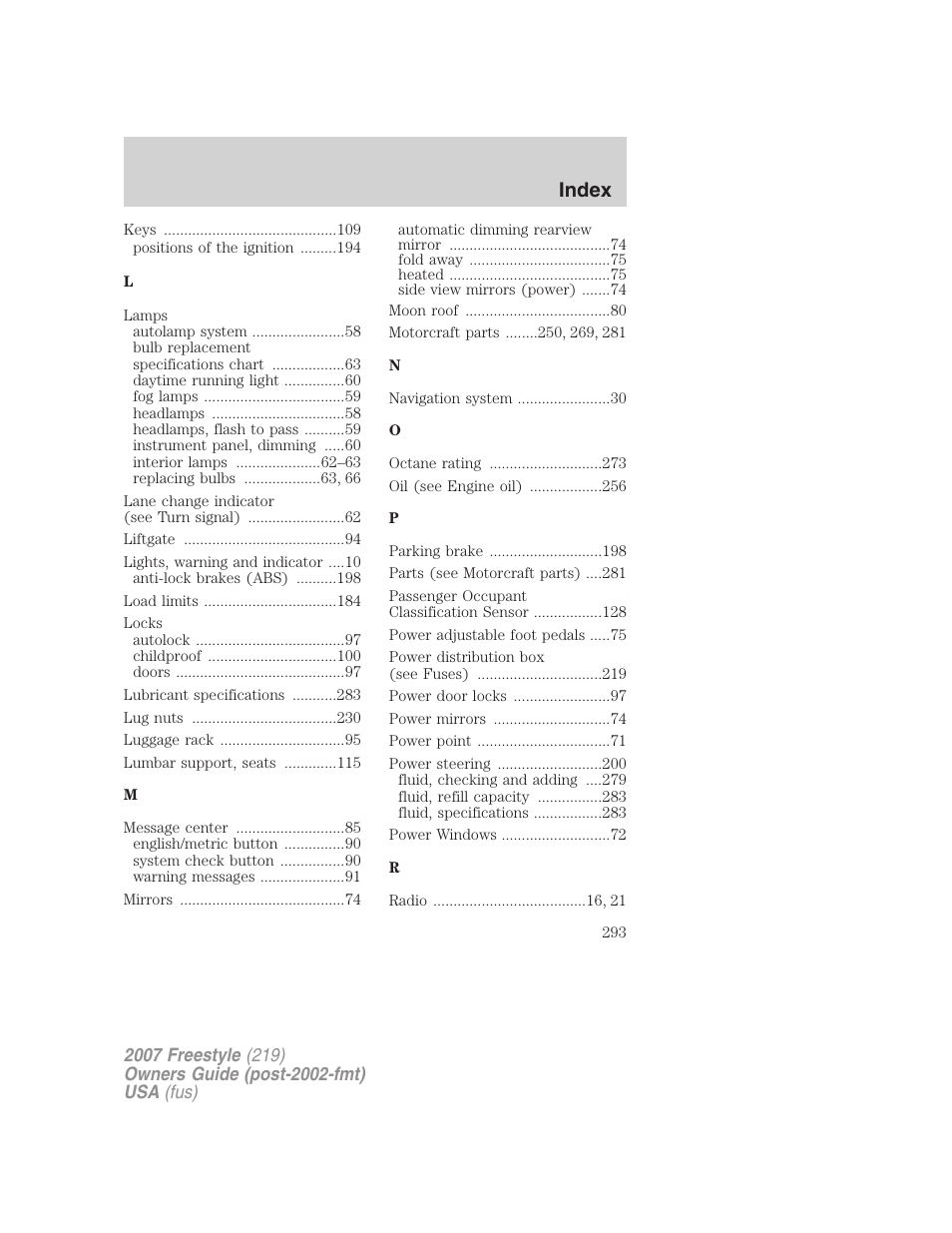 Index | FORD 2007 Freestyle v.1 User Manual | Page 293 / 296