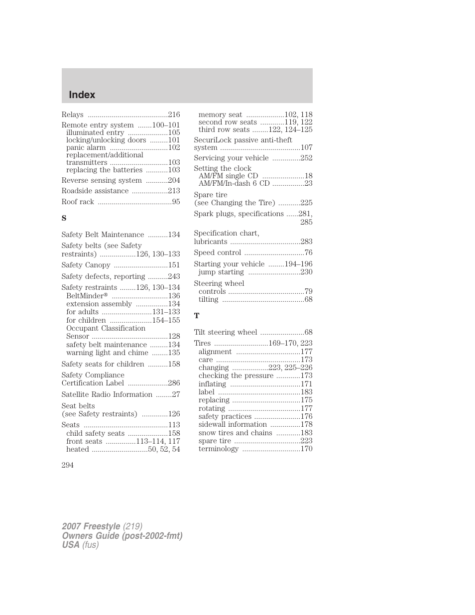 Index | FORD 2007 Freestyle v.1 User Manual | Page 294 / 296