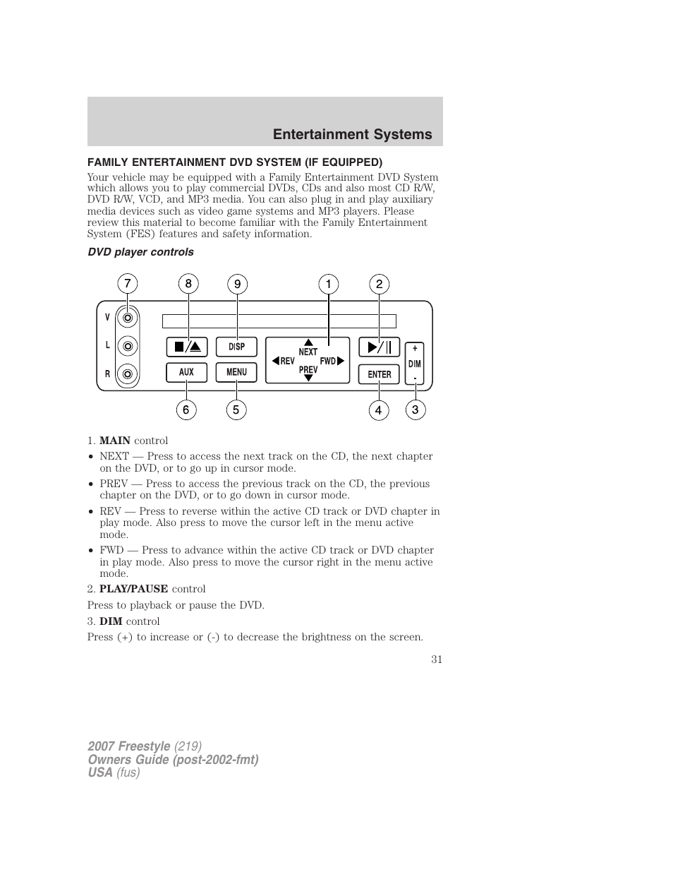 Family entertainment dvd system (if equipped), Dvd player controls, Family entertainment system | Entertainment systems | FORD 2007 Freestyle v.1 User Manual | Page 31 / 296