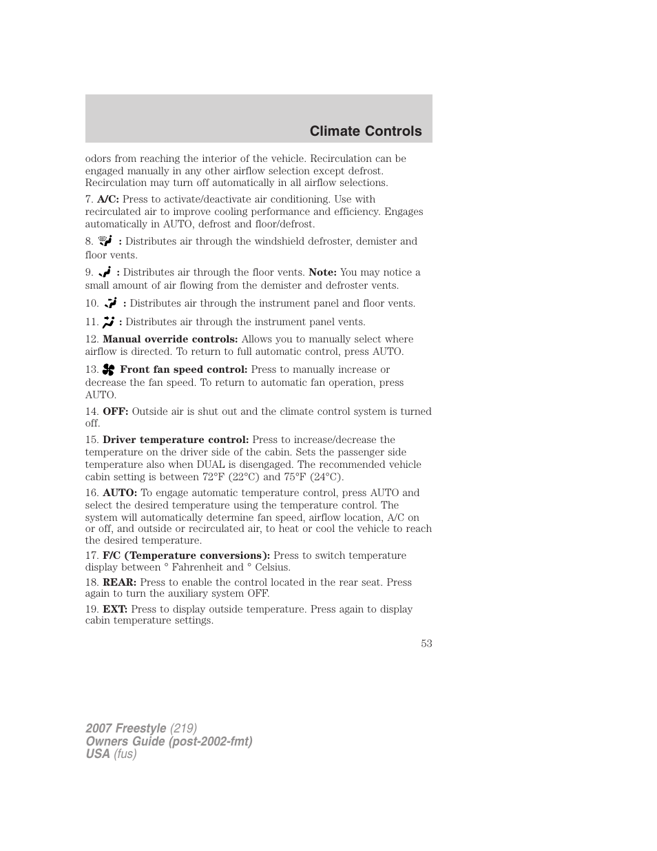 Climate controls | FORD 2007 Freestyle v.1 User Manual | Page 53 / 296