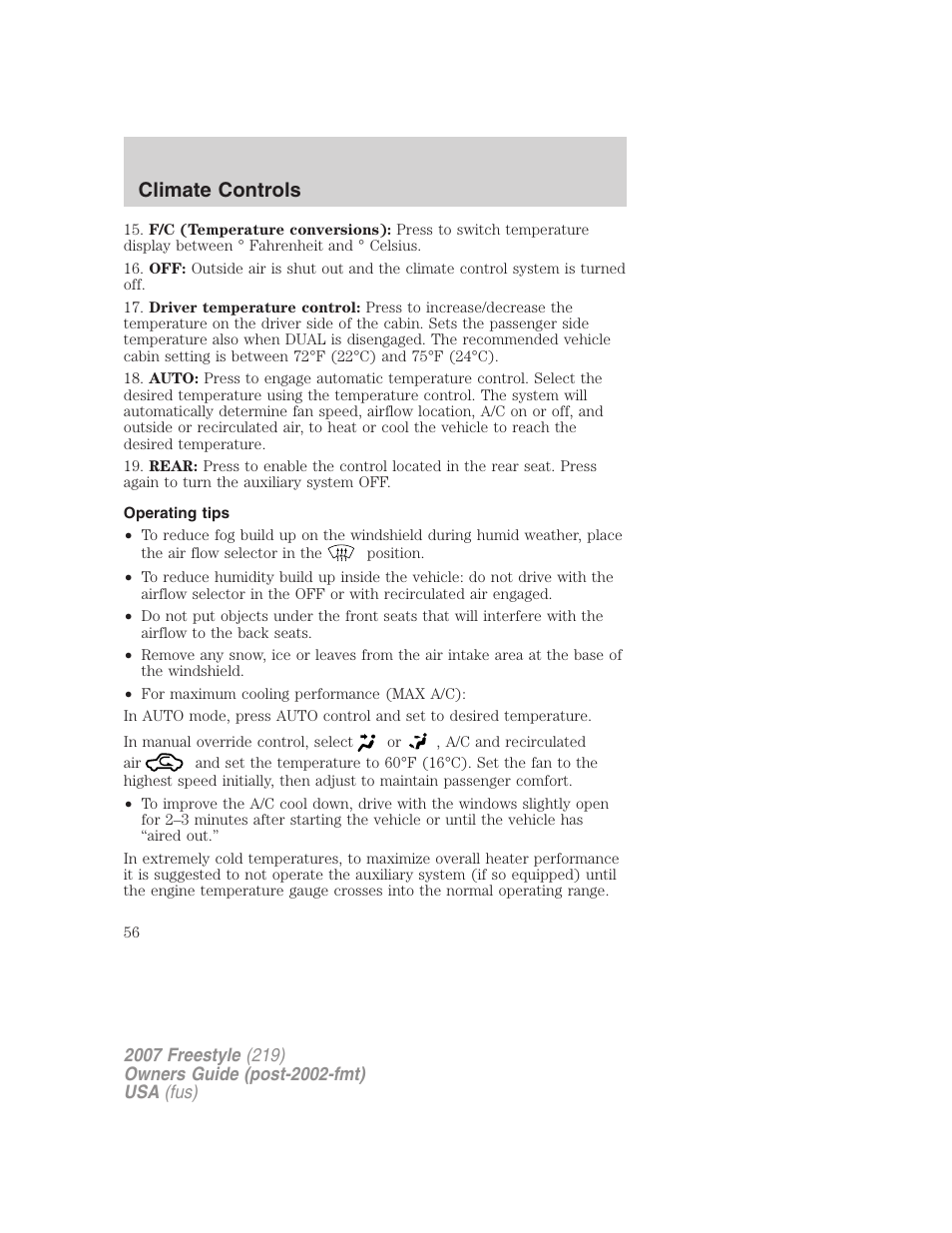 Operating tips, Climate controls | FORD 2007 Freestyle v.1 User Manual | Page 56 / 296