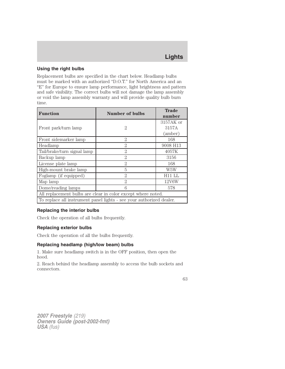 Using the right bulbs, Replacing the interior bulbs, Replacing exterior bulbs | Replacing headlamp (high/low beam) bulbs, Lights | FORD 2007 Freestyle v.1 User Manual | Page 63 / 296