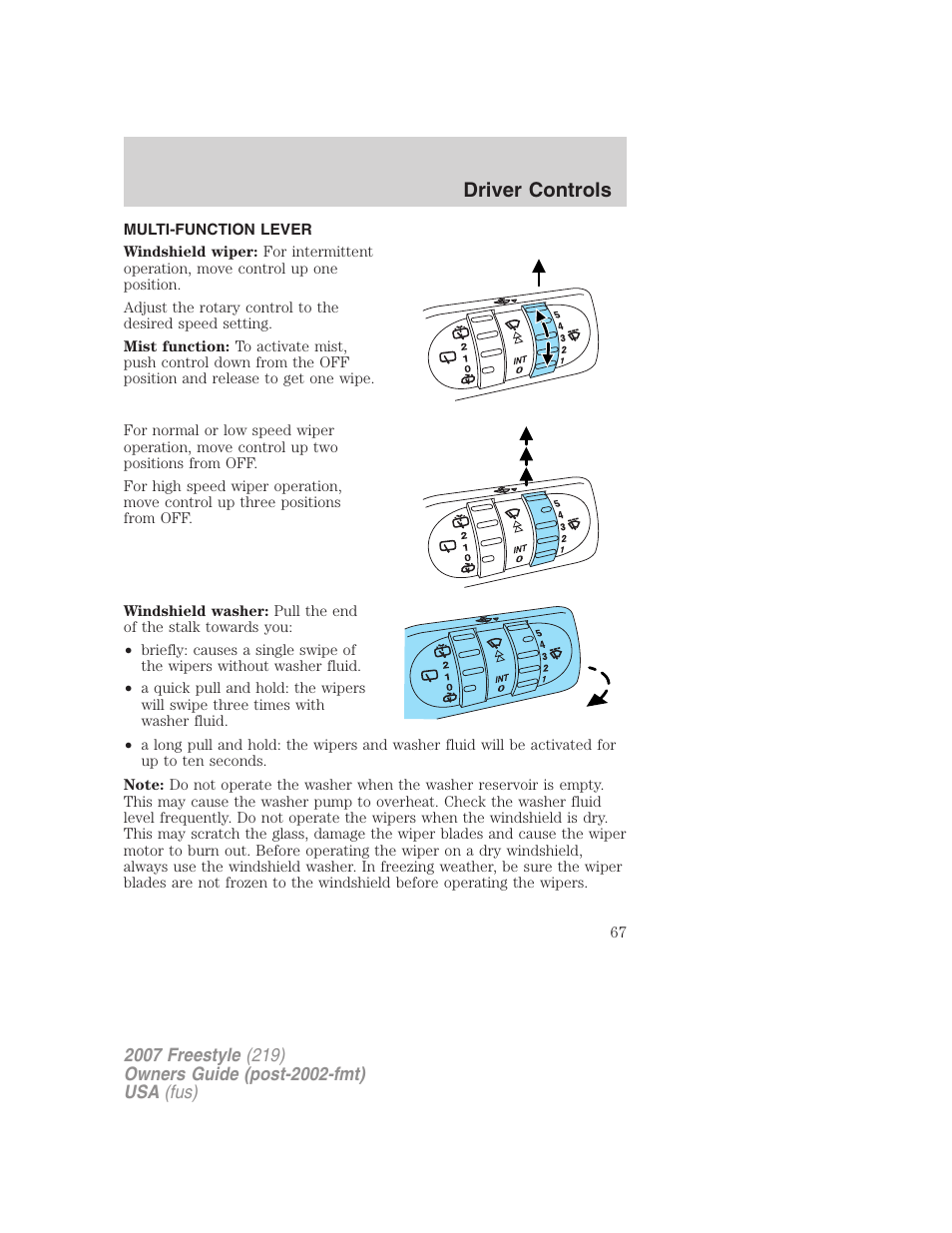 Driver controls, Multi-function lever, Windshield wiper/washer control | FORD 2007 Freestyle v.1 User Manual | Page 67 / 296