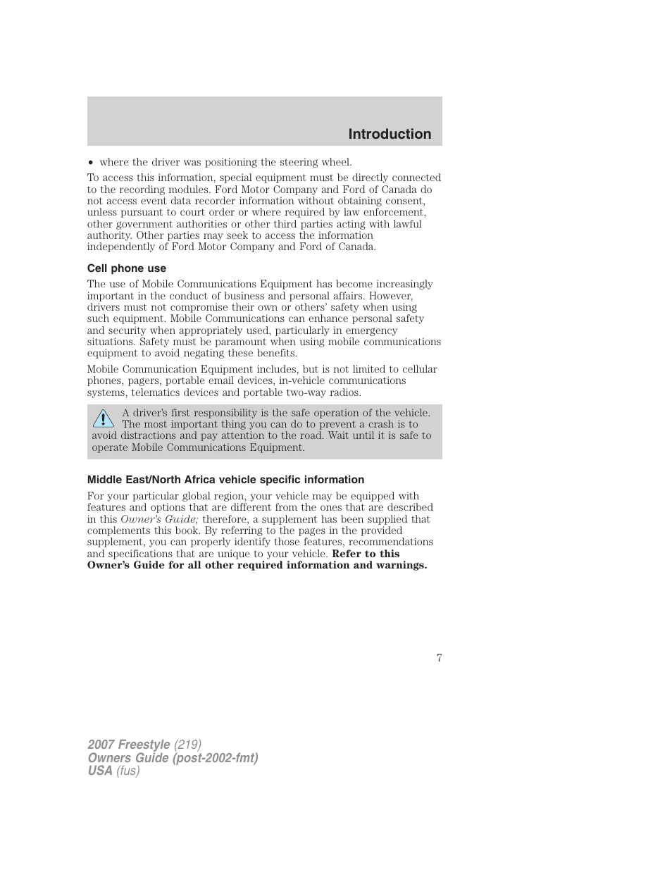 Cell phone use, Introduction | FORD 2007 Freestyle v.1 User Manual | Page 7 / 296