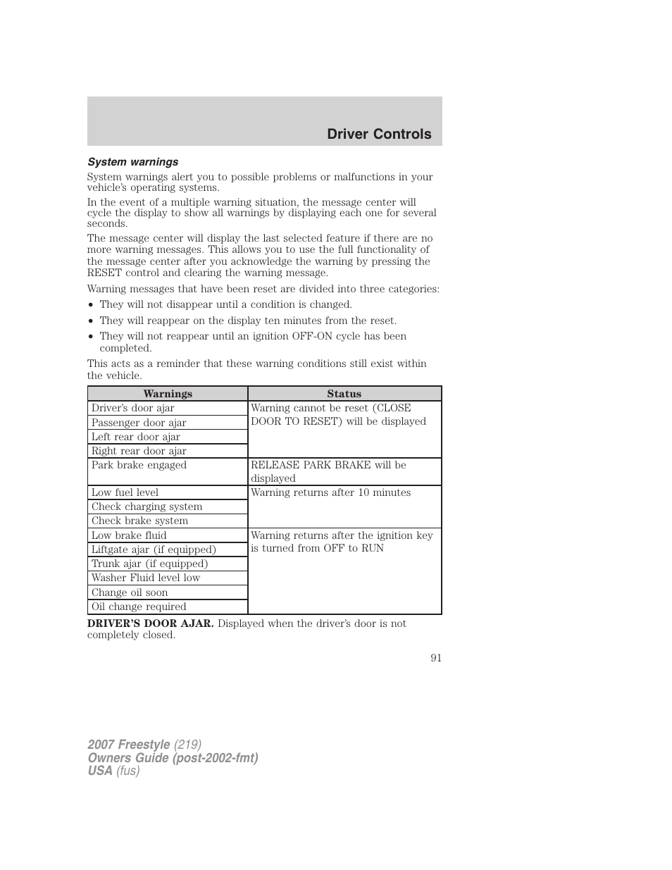 System warnings, Driver controls | FORD 2007 Freestyle v.1 User Manual | Page 91 / 296