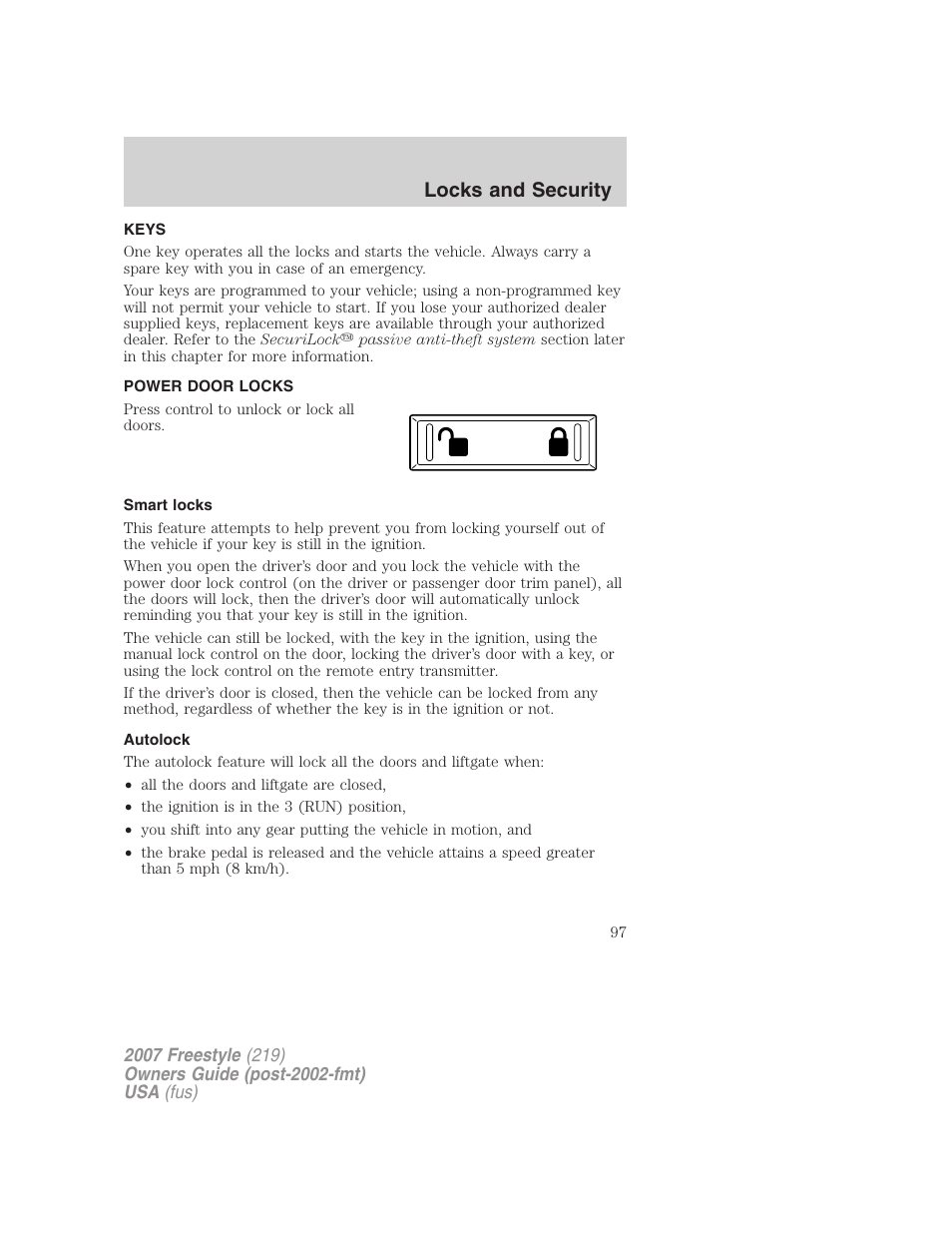 Locks and security, Keys, Power door locks | Smart locks, Autolock, Locks | FORD 2007 Freestyle v.1 User Manual | Page 97 / 296