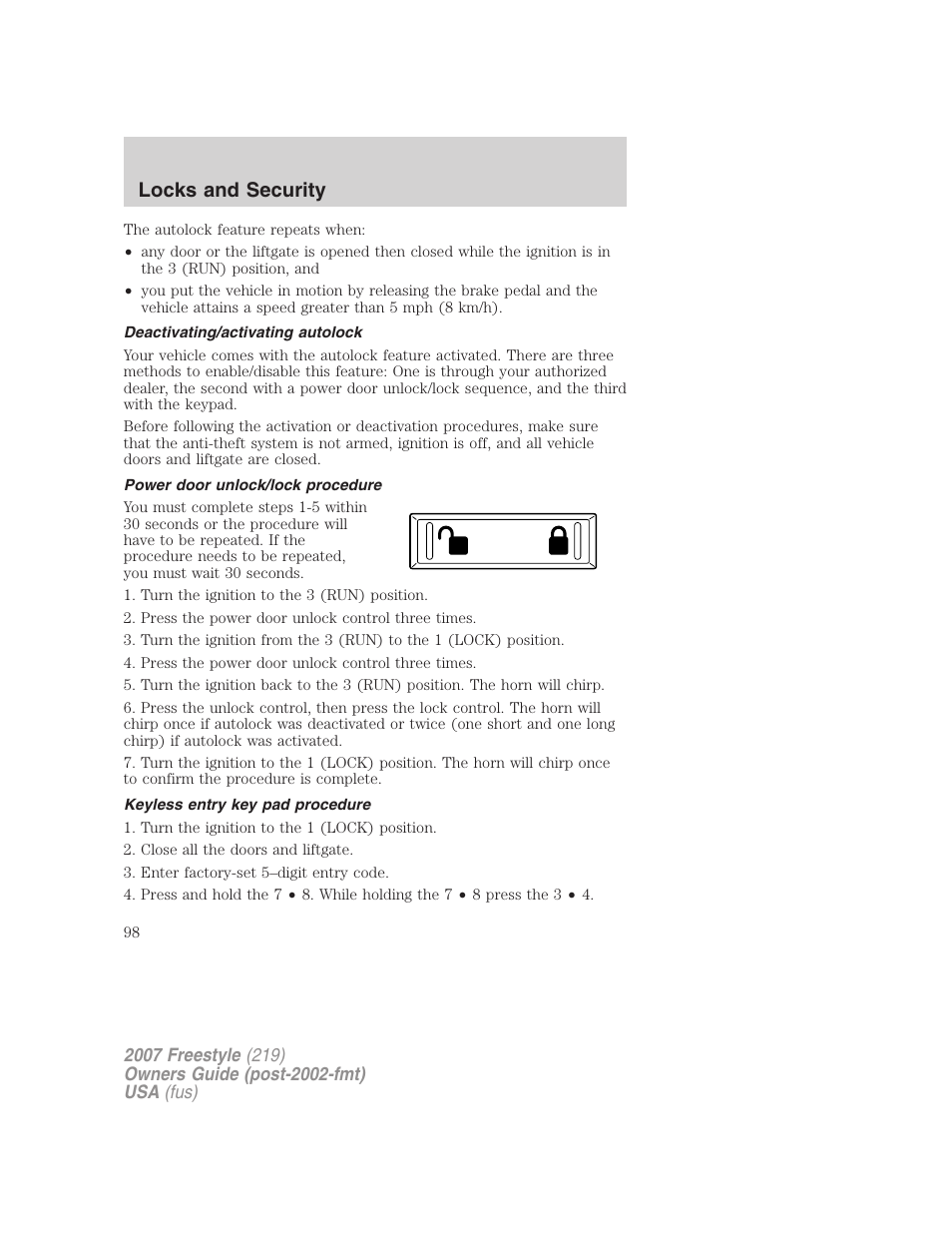 Deactivating/activating autolock, Power door unlock/lock procedure, Keyless entry key pad procedure | Locks and security | FORD 2007 Freestyle v.1 User Manual | Page 98 / 296