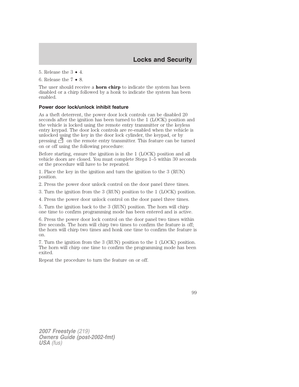 Power door lock/unlock inhibit feature, Locks and security | FORD 2007 Freestyle v.1 User Manual | Page 99 / 296