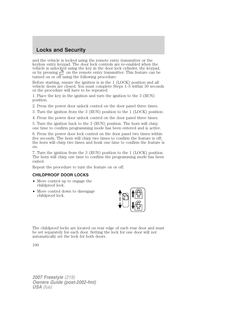 Childproof door locks, Locks and security | FORD 2007 Freestyle v.2 User Manual | Page 100 / 304