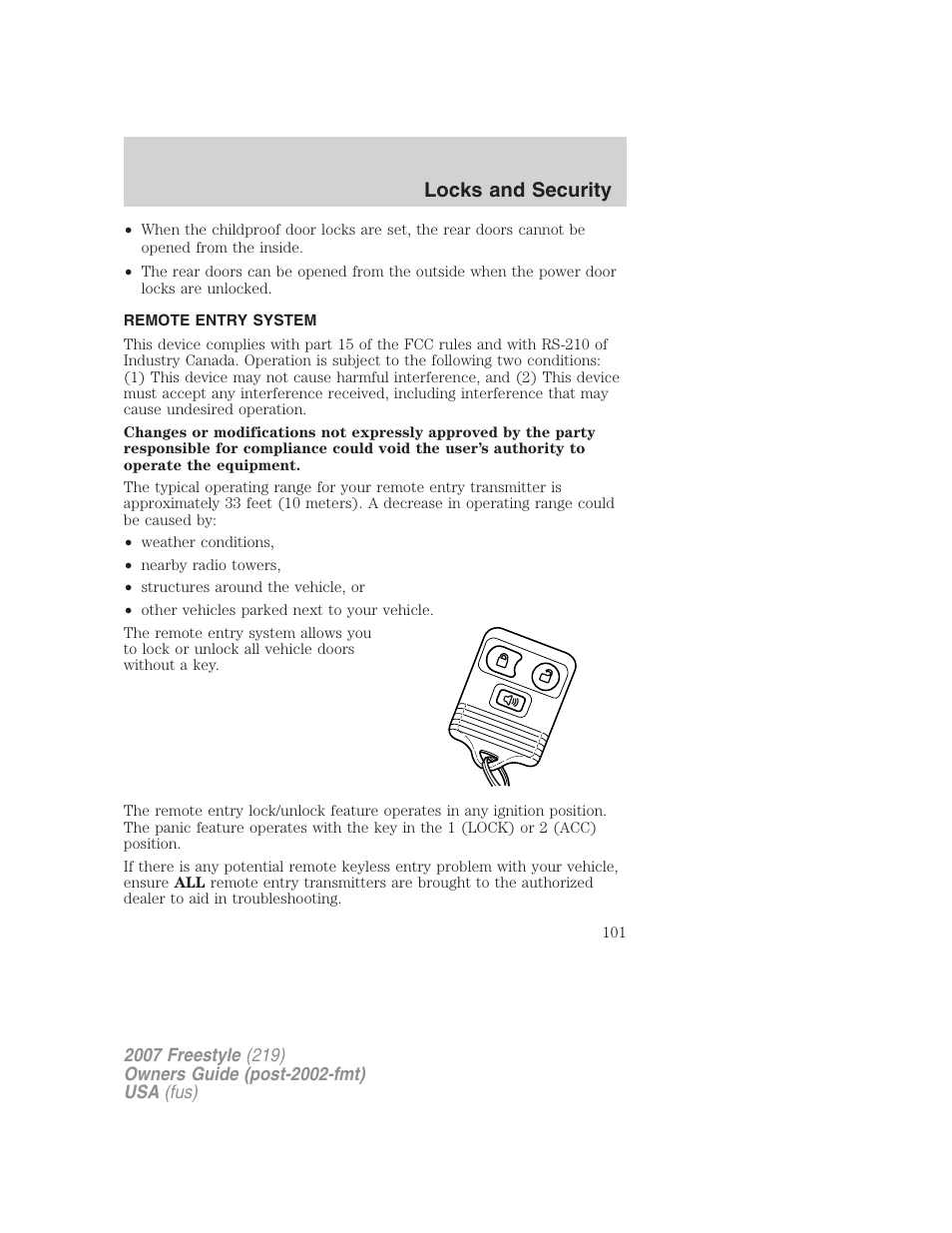 Remote entry system, Locks and security | FORD 2007 Freestyle v.2 User Manual | Page 101 / 304