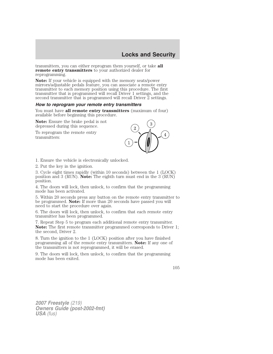 How to reprogram your remote entry transmitters, Locks and security | FORD 2007 Freestyle v.2 User Manual | Page 105 / 304
