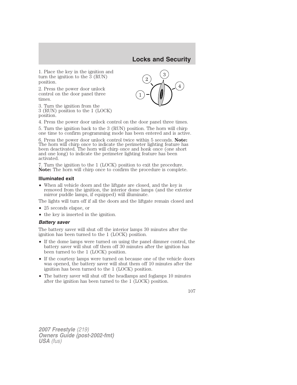 Illuminated exit, Battery saver, Locks and security | FORD 2007 Freestyle v.2 User Manual | Page 107 / 304