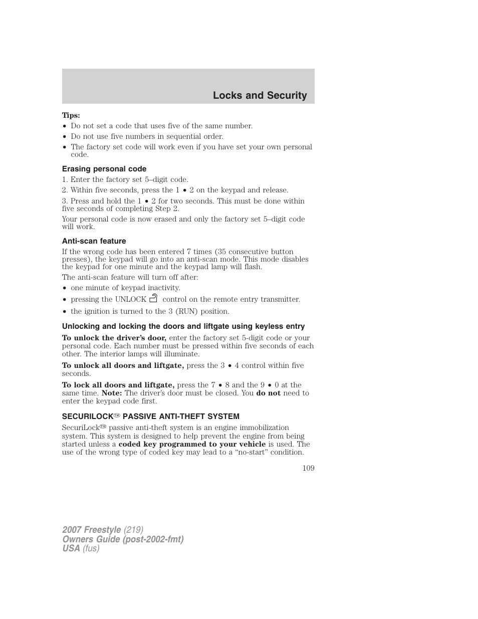 Erasing personal code, Anti-scan feature, Securilock passive anti-theft system | Anti-theft system, Locks and security | FORD 2007 Freestyle v.2 User Manual | Page 109 / 304