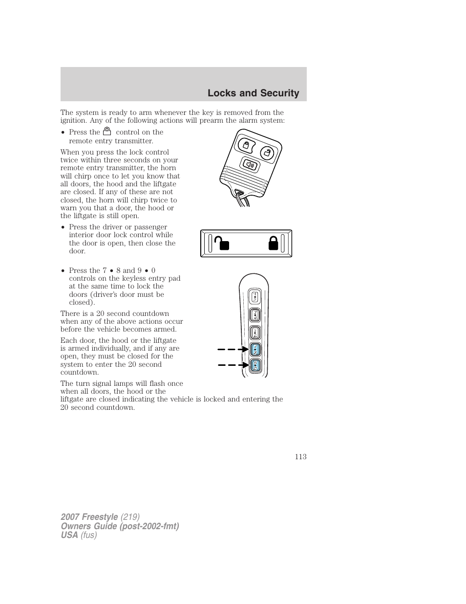 Locks and security | FORD 2007 Freestyle v.2 User Manual | Page 113 / 304