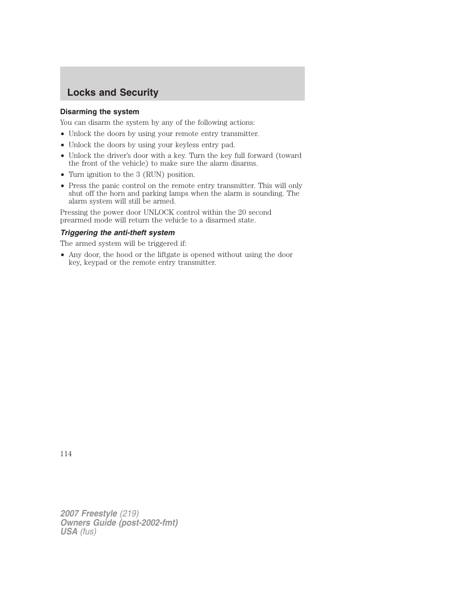Disarming the system, Triggering the anti-theft system, Locks and security | FORD 2007 Freestyle v.2 User Manual | Page 114 / 304