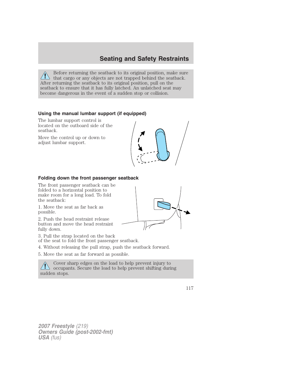 Using the manual lumbar support (if equipped), Folding down the front passenger seatback, Seating and safety restraints | FORD 2007 Freestyle v.2 User Manual | Page 117 / 304