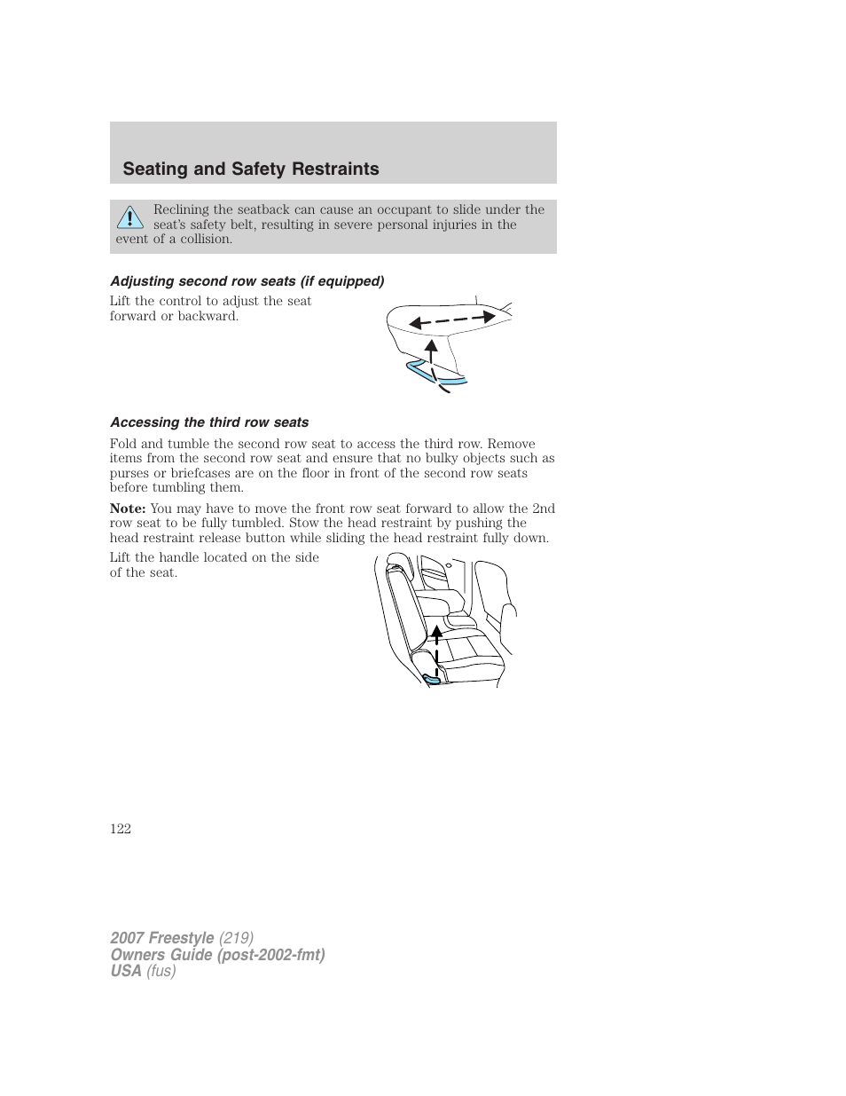 Adjusting second row seats (if equipped), Accessing the third row seats, Seating and safety restraints | FORD 2007 Freestyle v.2 User Manual | Page 122 / 304