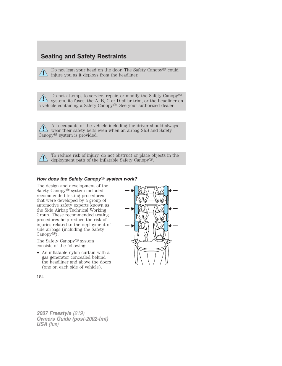 How does the safety canopy system work, Seating and safety restraints | FORD 2007 Freestyle v.2 User Manual | Page 154 / 304