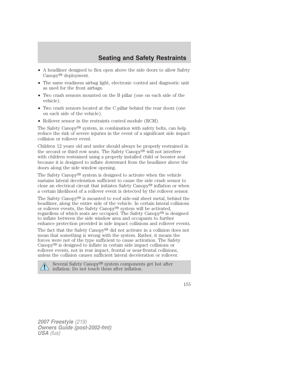 Seating and safety restraints | FORD 2007 Freestyle v.2 User Manual | Page 155 / 304