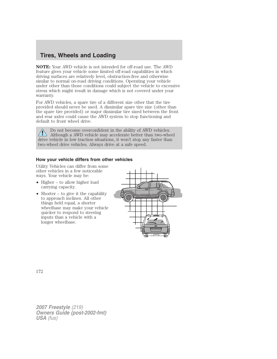 How your vehicle differs from other vehicles, Tires, wheels and loading | FORD 2007 Freestyle v.2 User Manual | Page 172 / 304