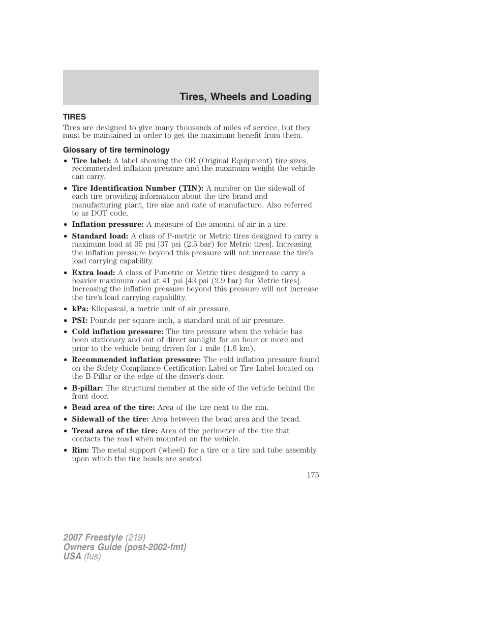 Tires, Glossary of tire terminology, Tires, wheels and loading | FORD 2007 Freestyle v.2 User Manual | Page 175 / 304