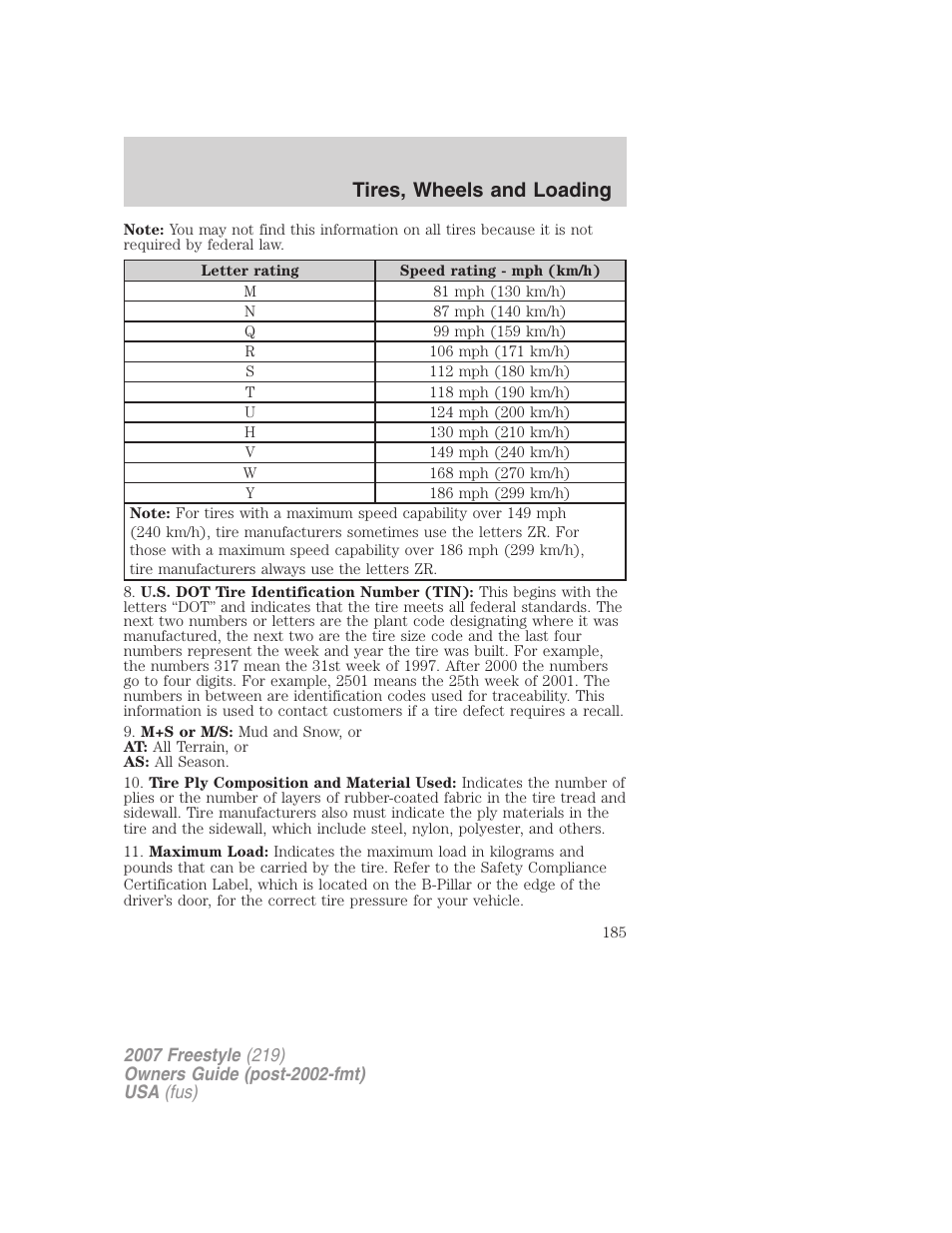 Tires, wheels and loading | FORD 2007 Freestyle v.2 User Manual | Page 185 / 304
