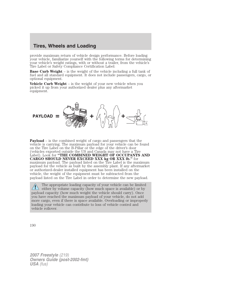 Tires, wheels and loading | FORD 2007 Freestyle v.2 User Manual | Page 190 / 304