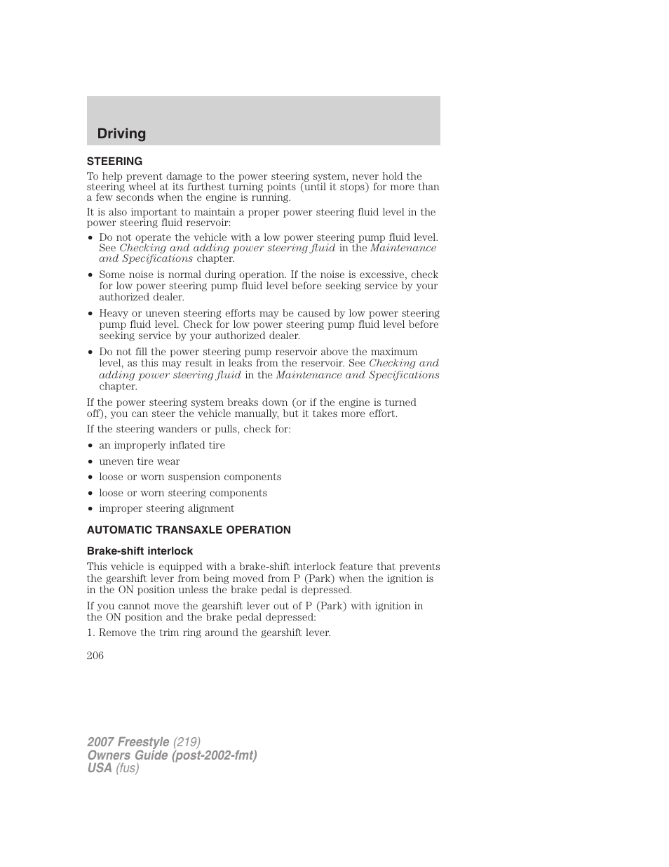 Steering, Automatic transaxle operation, Brake-shift interlock | Transmission operation, Driving | FORD 2007 Freestyle v.2 User Manual | Page 206 / 304