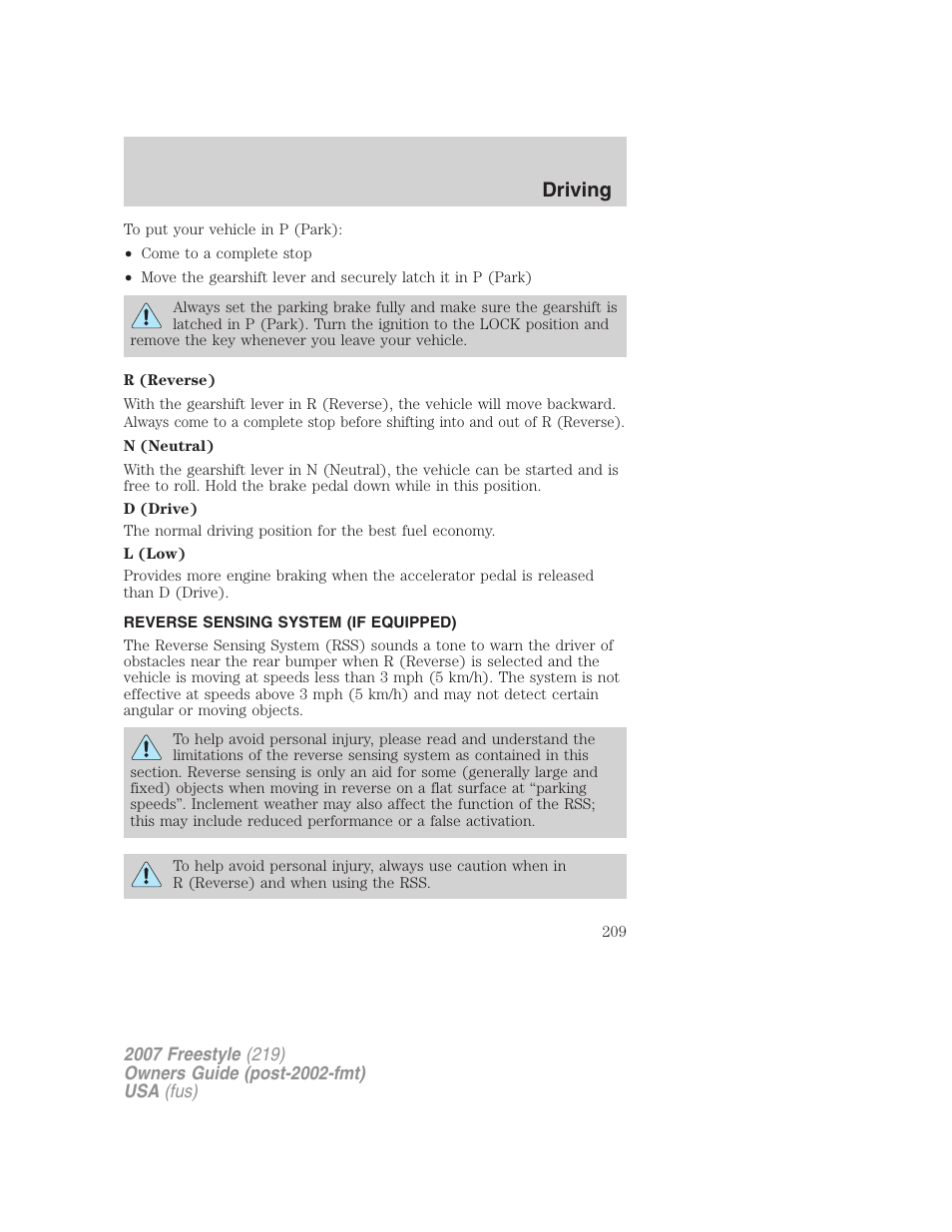 Reverse sensing system (if equipped), Driving | FORD 2007 Freestyle v.2 User Manual | Page 209 / 304