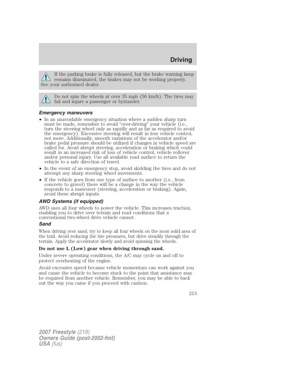 Emergency maneuvers, Awd systems (if equipped), Sand | Driving | FORD 2007 Freestyle v.2 User Manual | Page 213 / 304