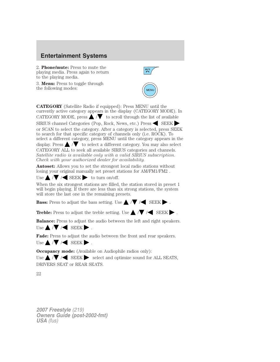 Entertainment systems | FORD 2007 Freestyle v.2 User Manual | Page 22 / 304