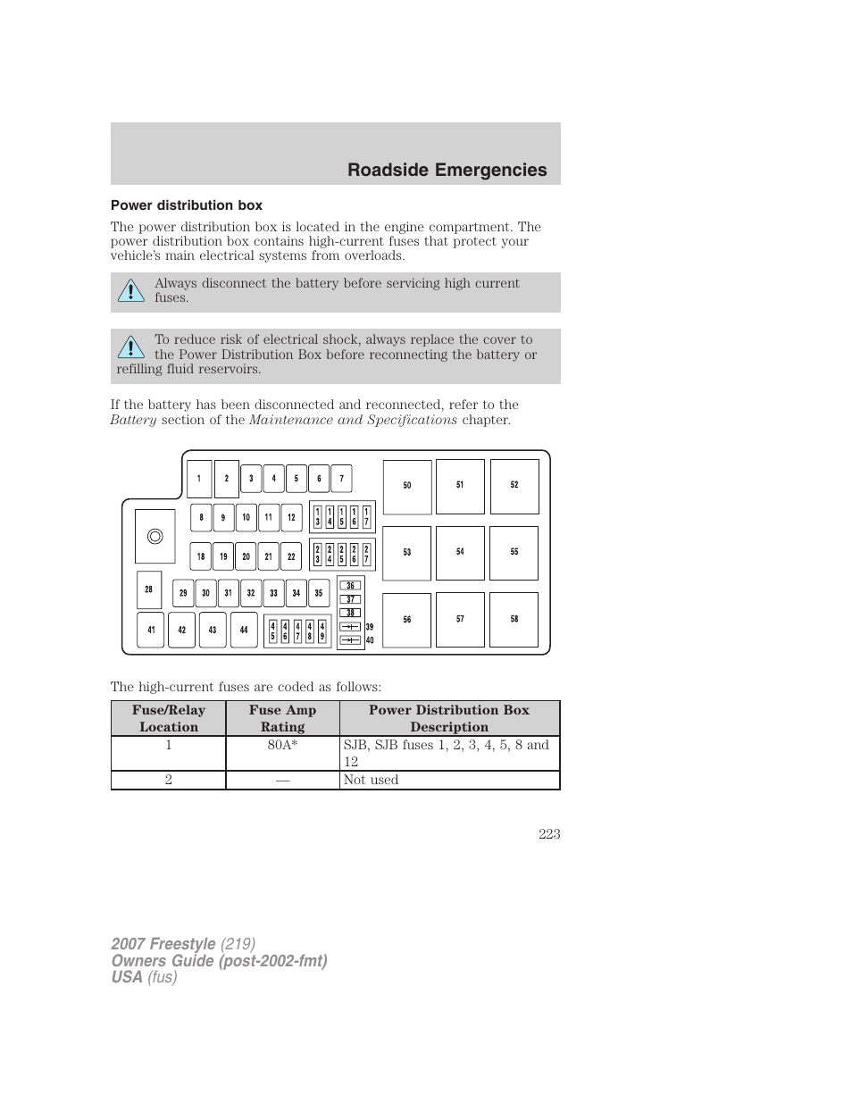 Power distribution box, Roadside emergencies | FORD 2007 Freestyle v.2 User Manual | Page 223 / 304