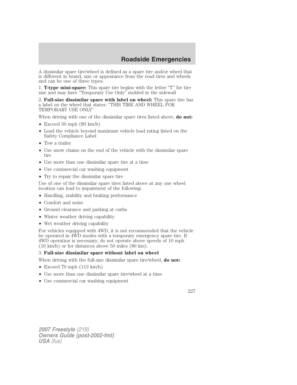 Roadside emergencies | FORD 2007 Freestyle v.2 User Manual | Page 227 / 304