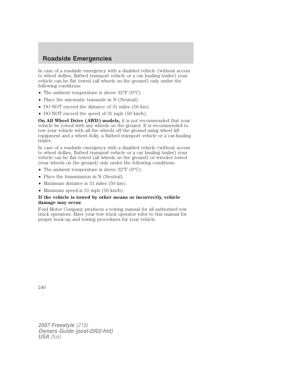 Roadside emergencies | FORD 2007 Freestyle v.2 User Manual | Page 240 / 304