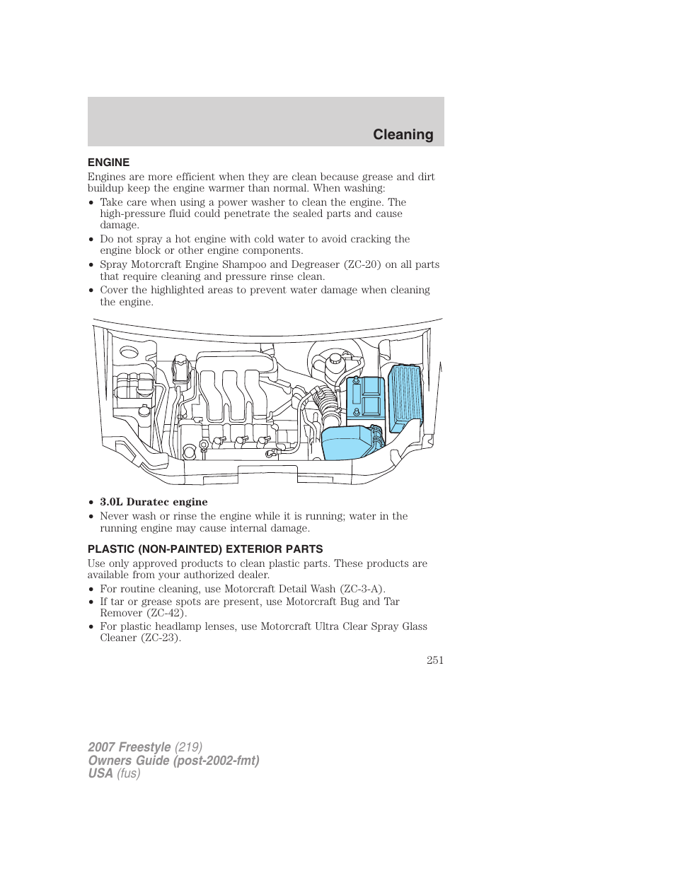 Engine, Plastic (non-painted) exterior parts, Cleaning | FORD 2007 Freestyle v.2 User Manual | Page 251 / 304