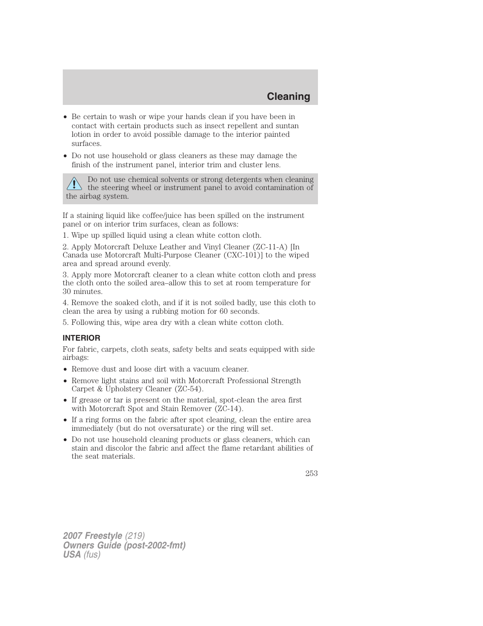 Interior, Cleaning | FORD 2007 Freestyle v.2 User Manual | Page 253 / 304
