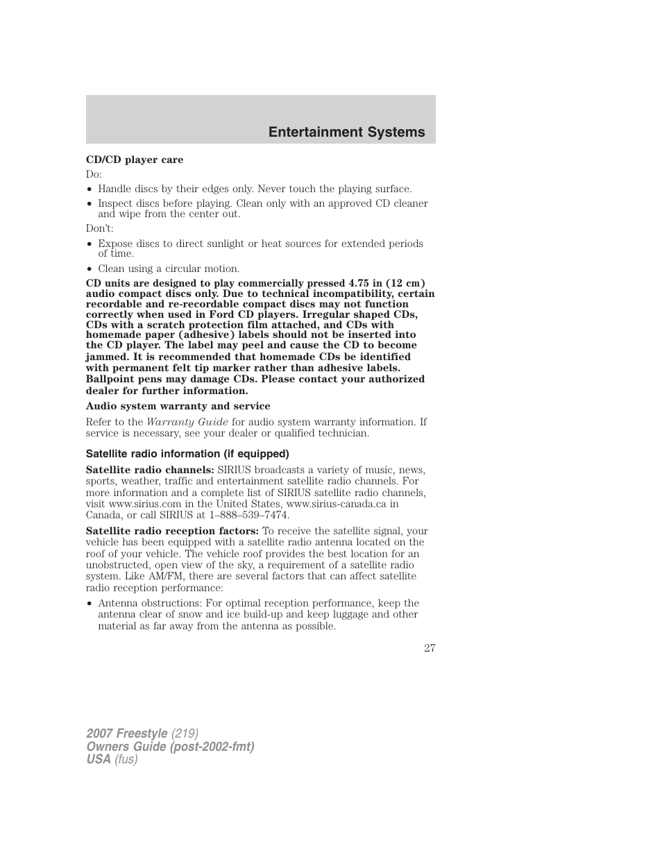 Satellite radio information (if equipped), Satellite radio information, Entertainment systems | FORD 2007 Freestyle v.2 User Manual | Page 27 / 304