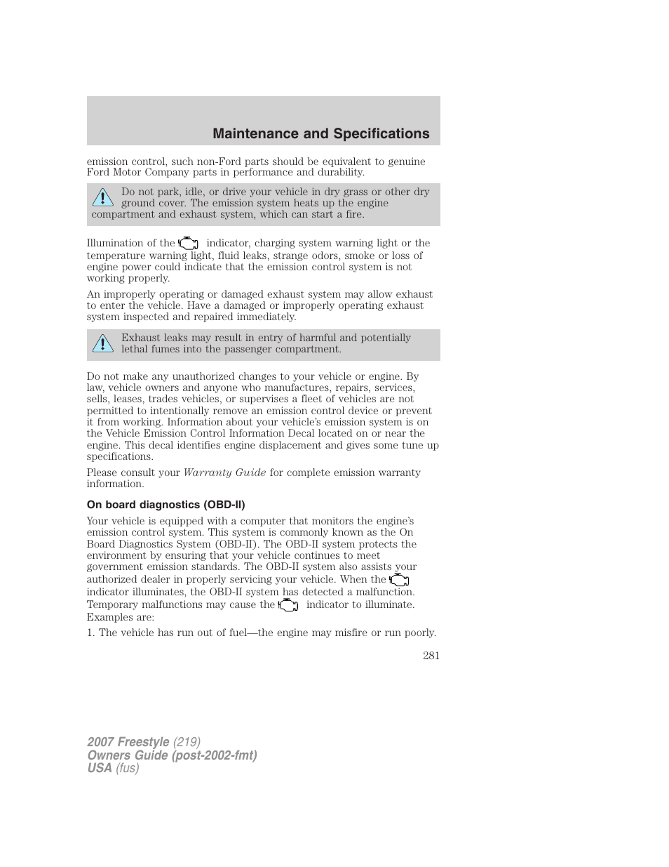 On board diagnostics (obd-ii), Maintenance and specifications | FORD 2007 Freestyle v.2 User Manual | Page 281 / 304